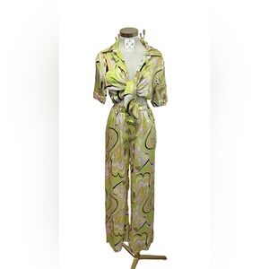Mrs Blush Set Women Size Small Satin Yellow Long Sleeve Wide Leg Pants‎